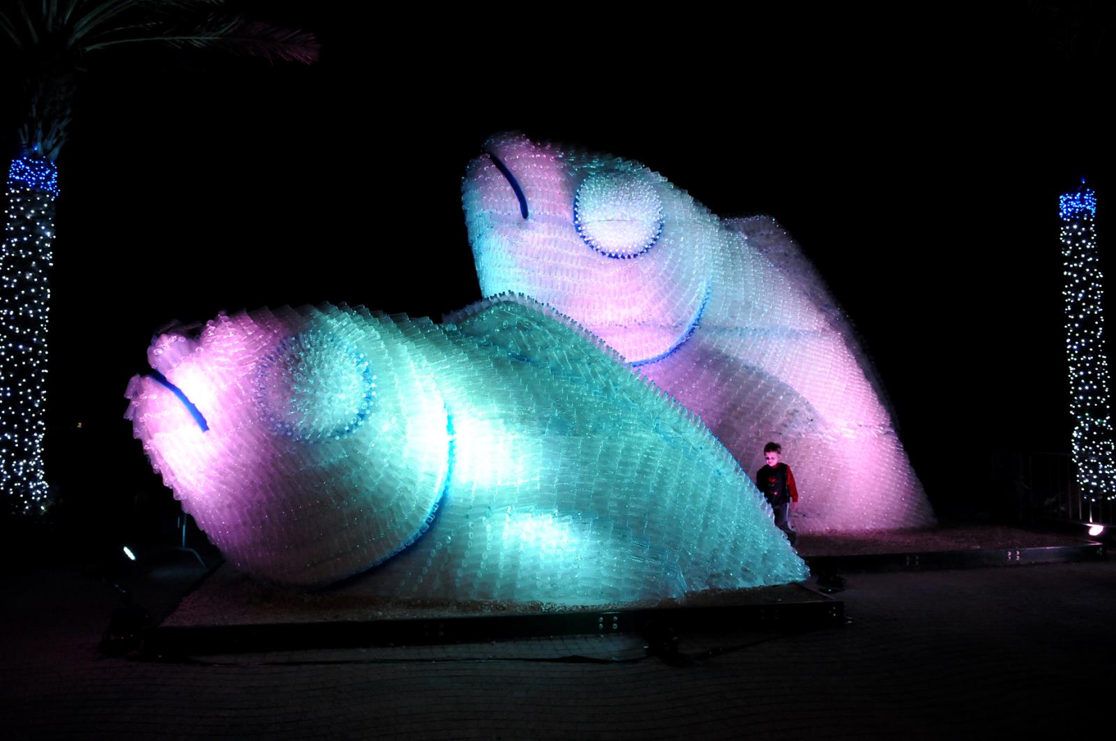 Night View of Upcycled Bottle Fish Sculpture