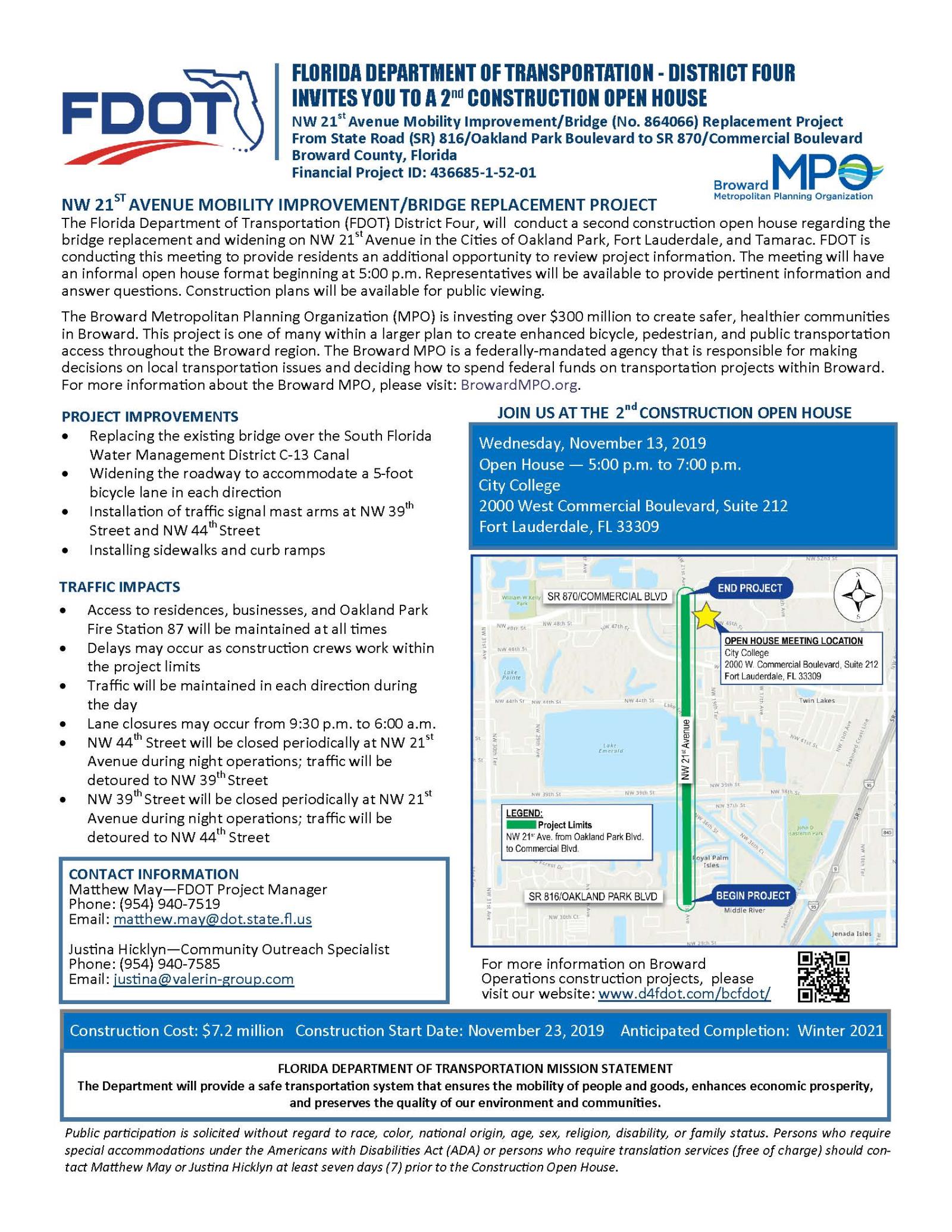 FDOT Open House: NW 21st Avenue Mobility Improvement/Bridge Replacement Project 